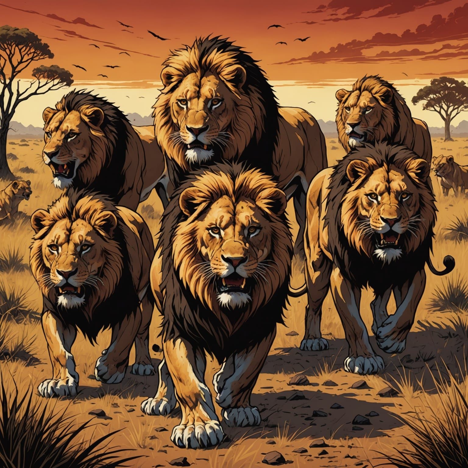 Bloodthirsty Lions Roam the Savannah: Comic Book Art
