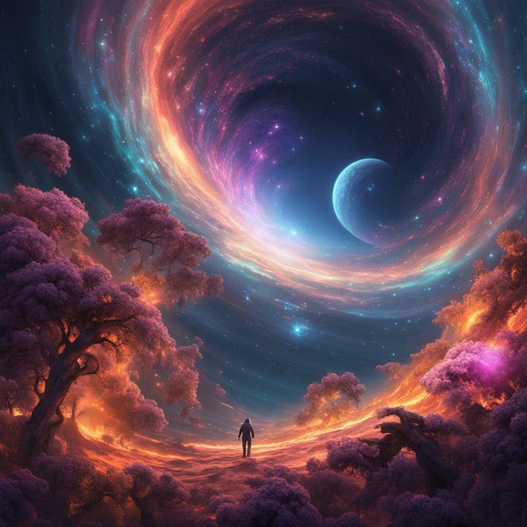 Cosmic Nebula with Radiant Crystalline Planet and Astronaut