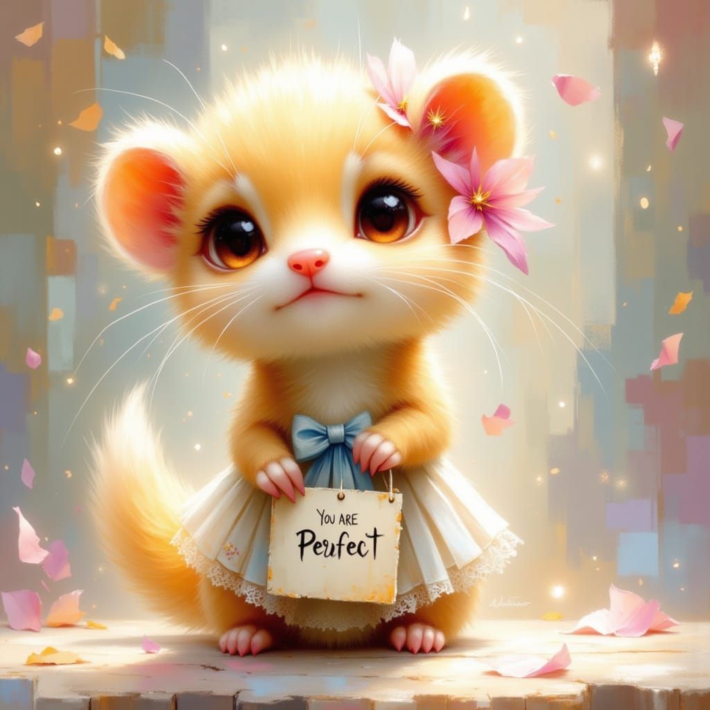 Adorable Chibi Weasel with Sign in Digital Painting