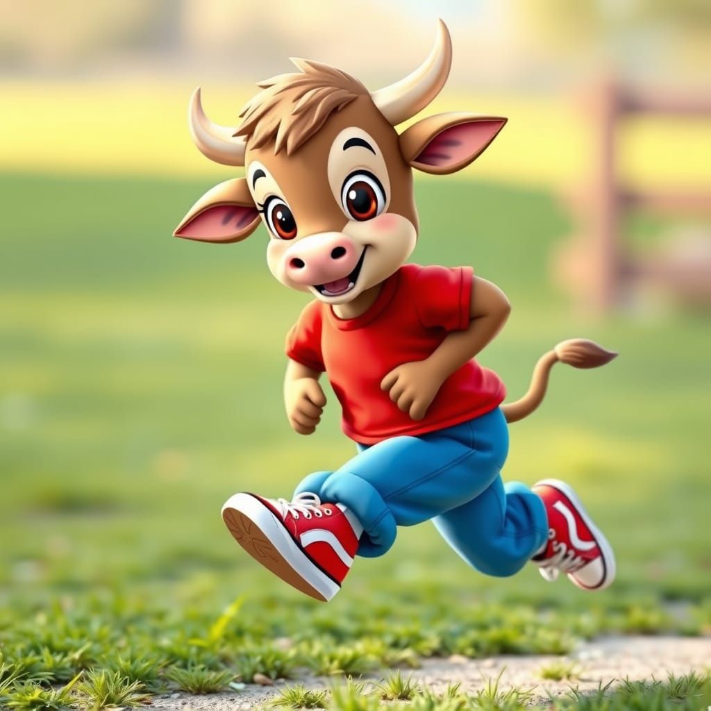Joyful Calf in Sneakers Running in Sunny Field