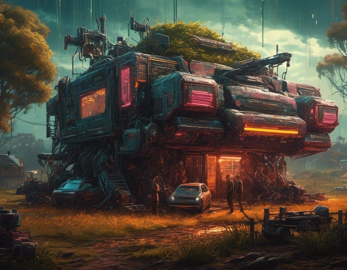 Cyberpunk Farm in 2099 with Neon and Drones