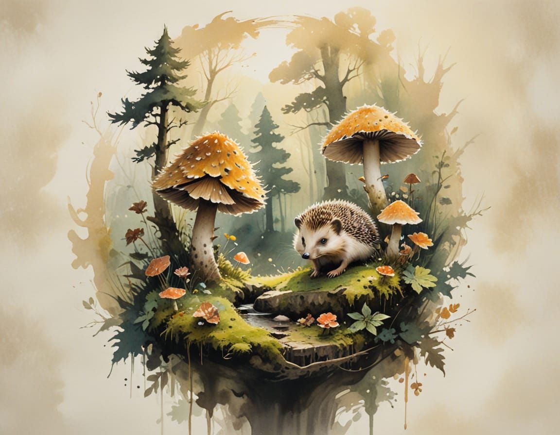 Hedgehog in Forest Glade: Ink Wash on Rice Paper