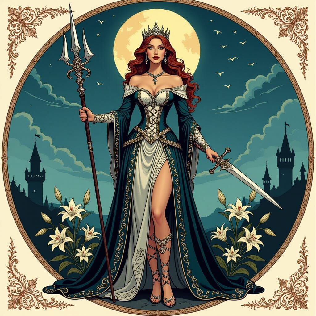 Medieval Queen on Flat Earth in Dürer Style