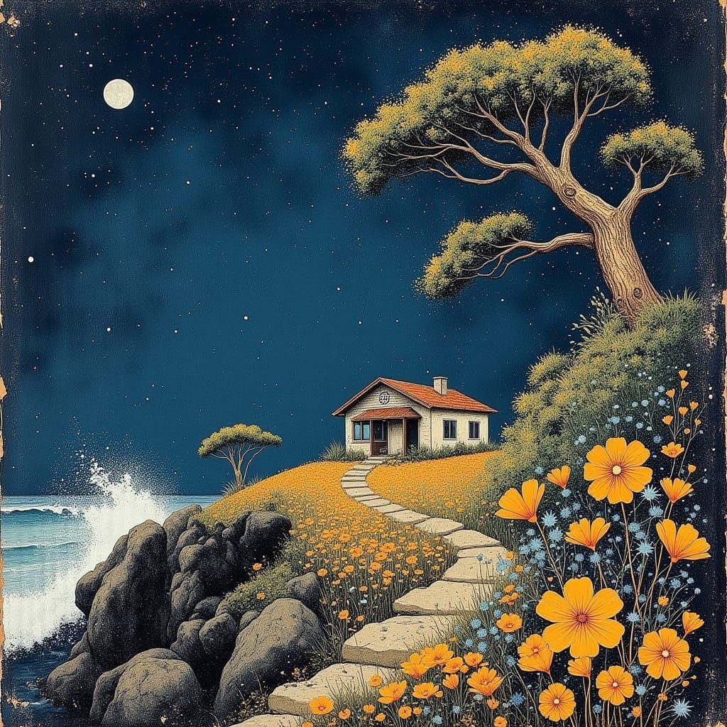 Midnight Blue Bungalow on the Gold Ocean Coast in a Soft Oil...