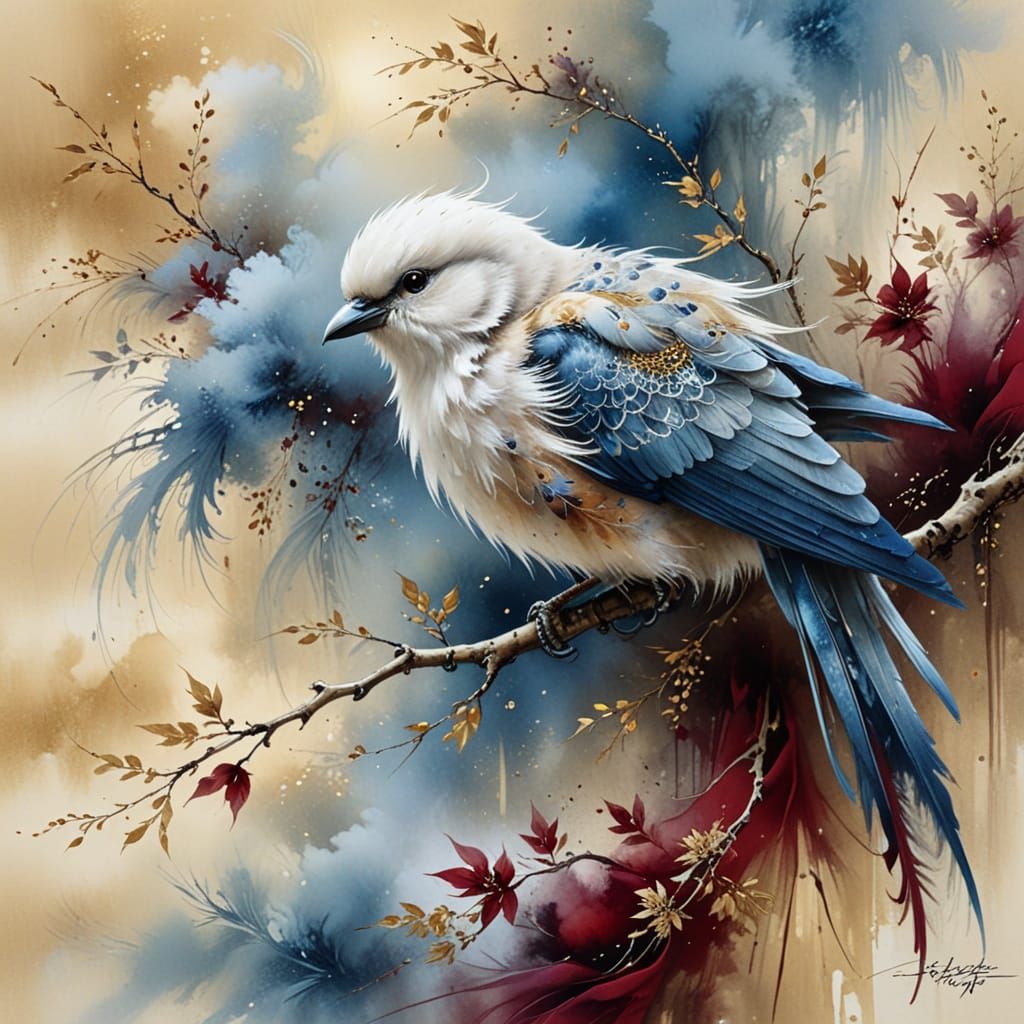 Chinese Landscape Painting with Fluffy Bird