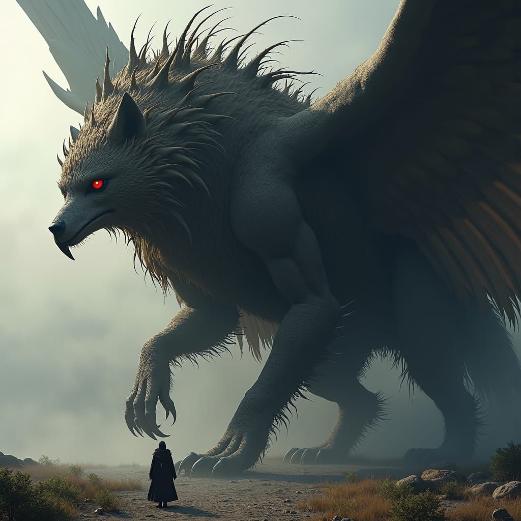 Wolf-Eagle Chimera Transformation in Dark Fantasy Style