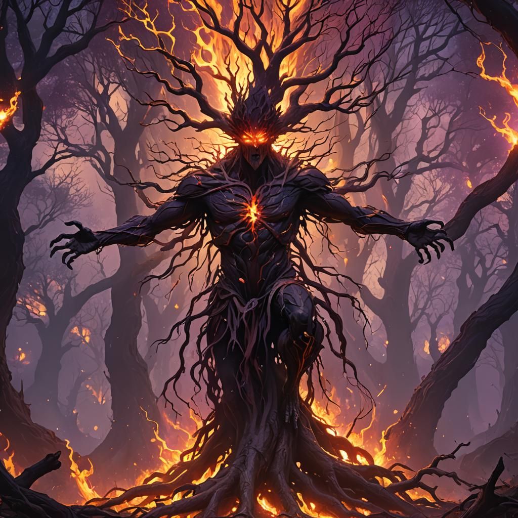Flaming Tree Being in Dark Fantasy Art Style