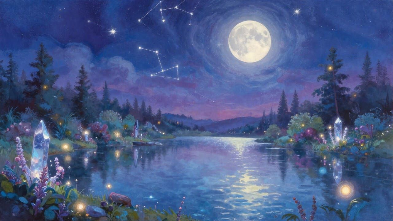 Magical Lake Reflects Starry Sky and Luminous Moon
