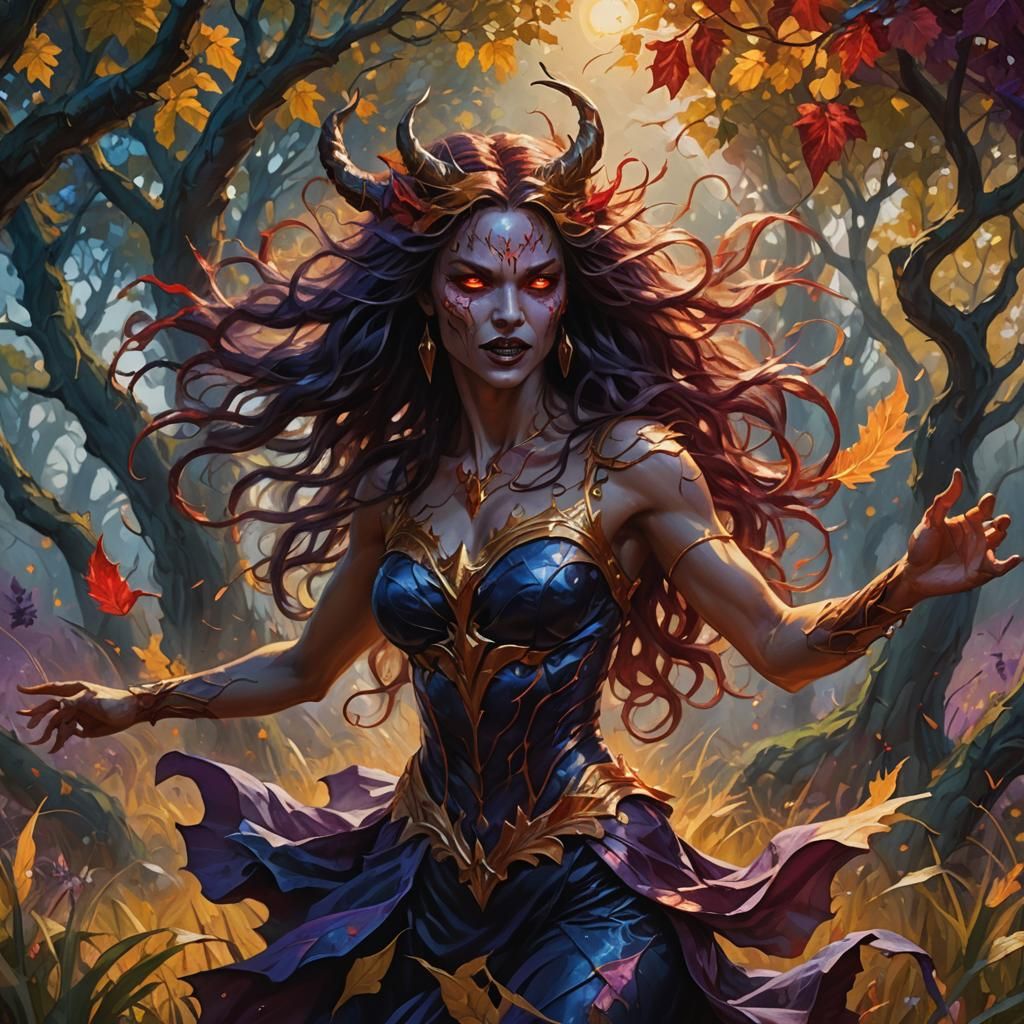 Fantasy Demoness Dancing in a Field: Oil Painting