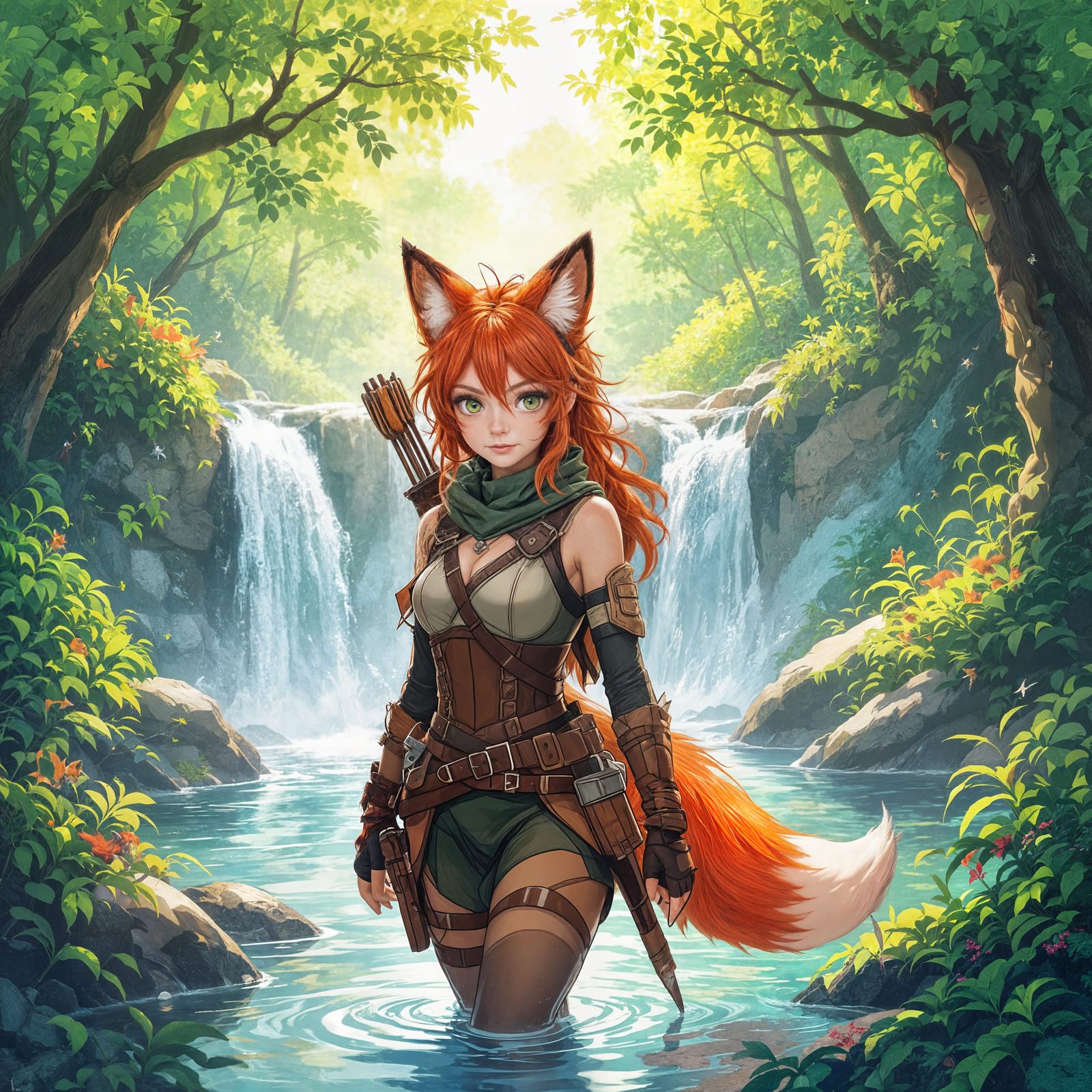 Red-Haired Fox Woman Hunter in Lush Forest