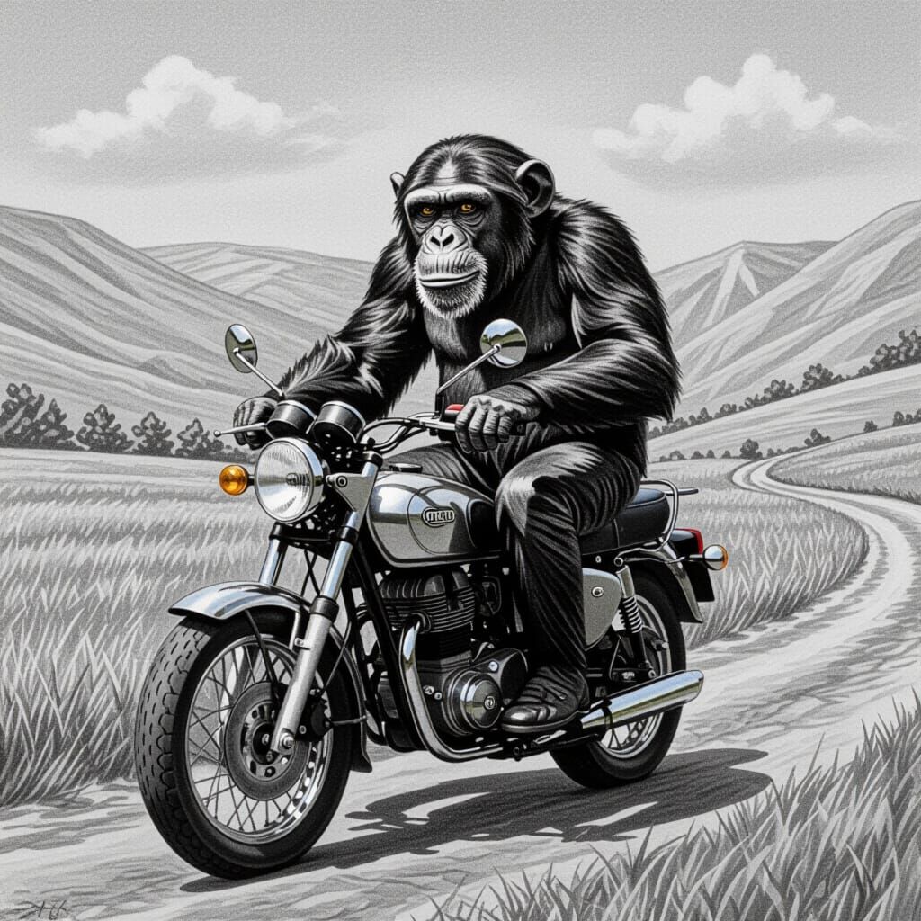 Chimp Riding Motorbike Through Grassy Valley