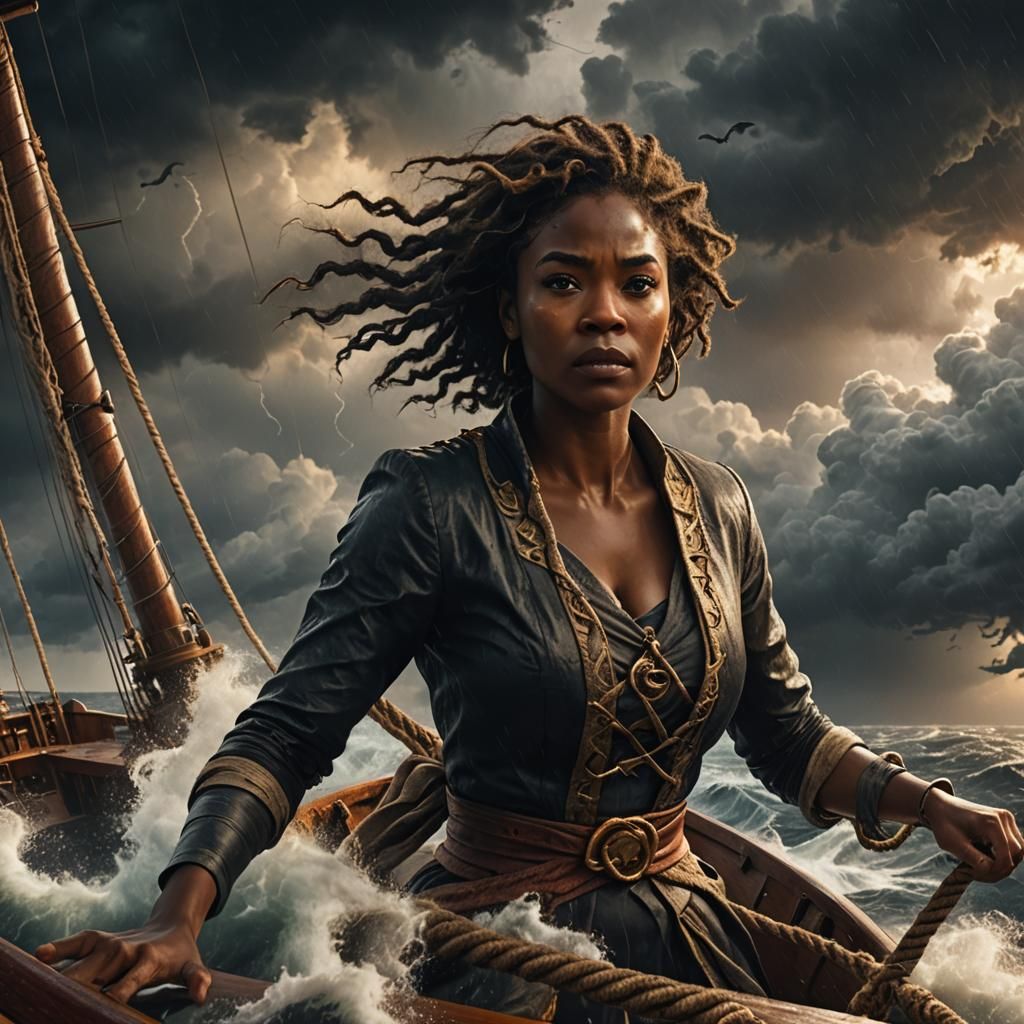 African American Woman Sails Ship into Storm