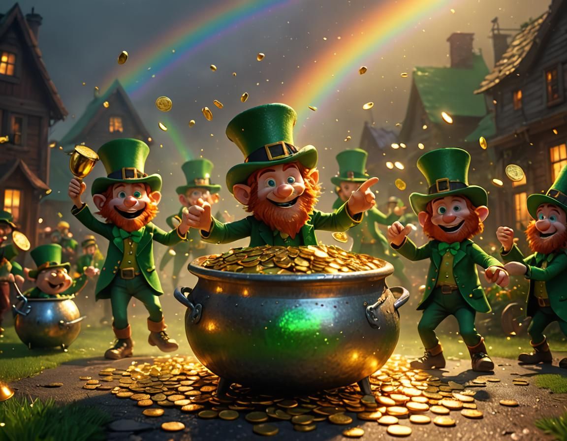 Dancing Leprechauns Around Gold in Pixar Style