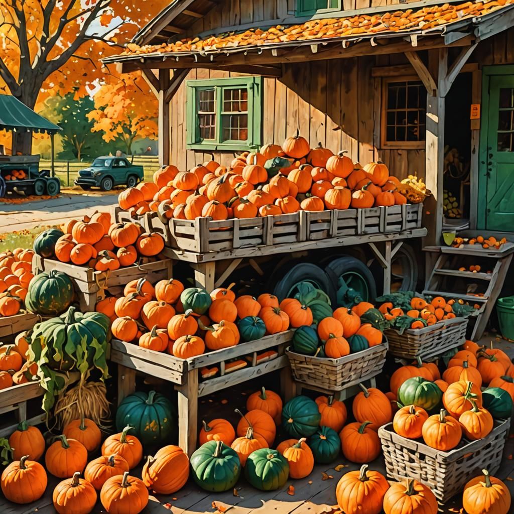 Rustic Farm Stand with Pumpkins in Folk Art Style