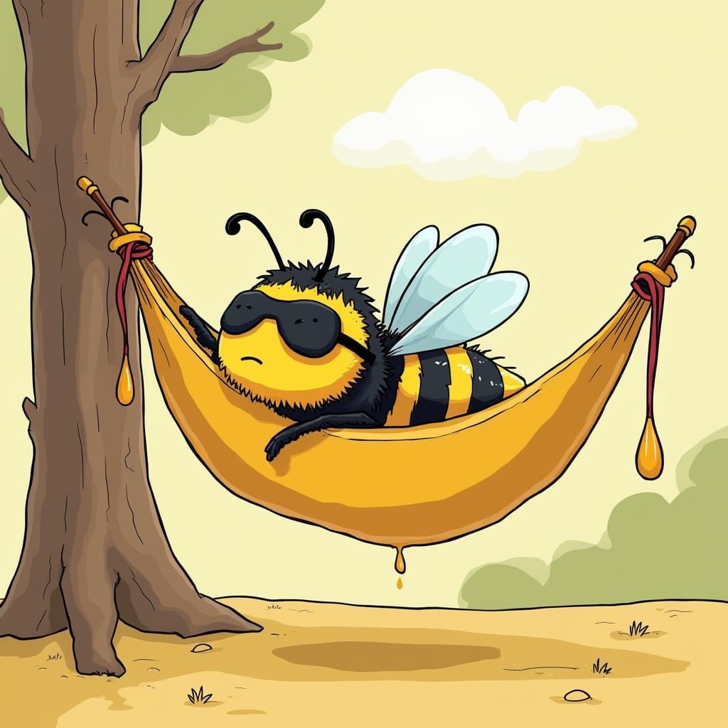 Cartoon Bumble Bee Sleeping in Honey Hammock
