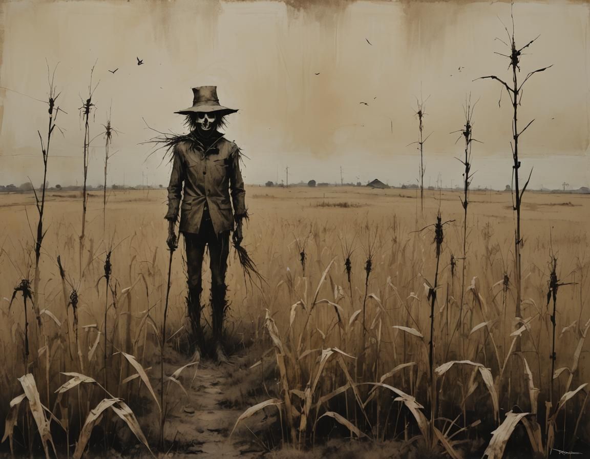 Moody Scarecrow Cornfield Caricature in Borderlands Style
