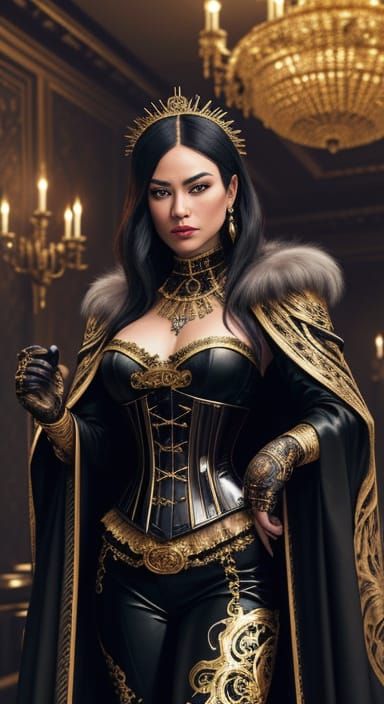 Elegant Gothic Film Still with Ornate Corset and Chandeliers