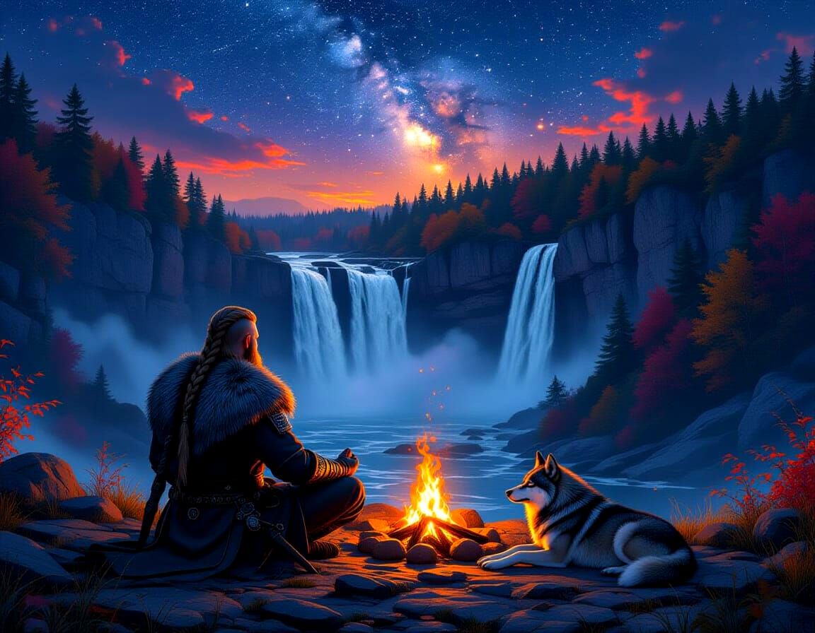 Viking Warrior Meditating by Waterfall with Wolf