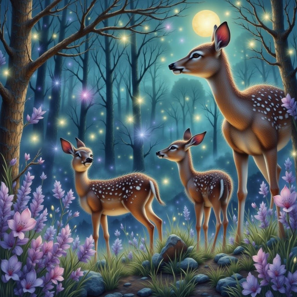 Magical Forest Scene with Doe and Fawns