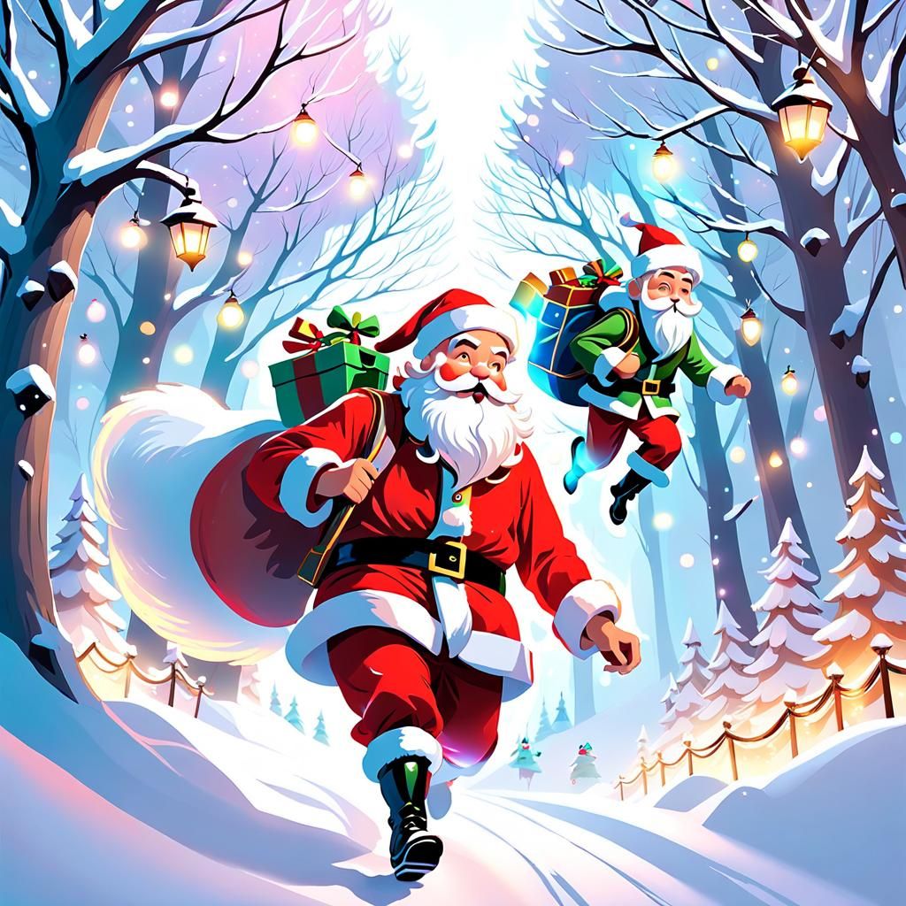 Santa Claus Chasing Thief in Winter Wonderland