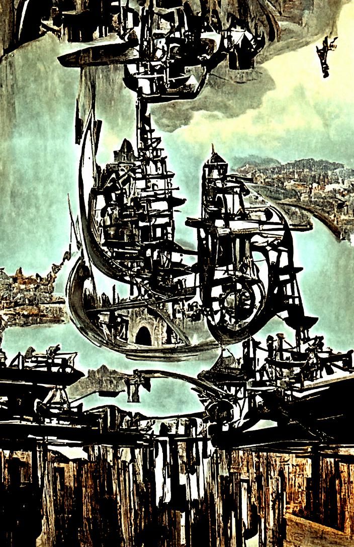 Alien Steampunk Machine Devastates City, Matte Painting
