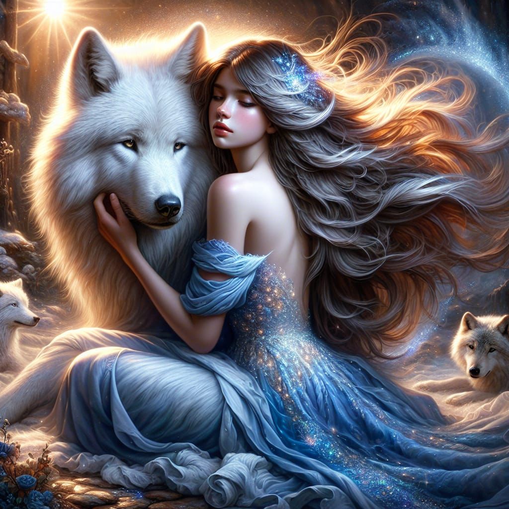 Young Girl Embracing Majestic White Wolf in Ethereal Glow