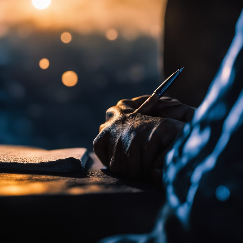 Poet's Hands Bound by Authority in Surreal Cityscape