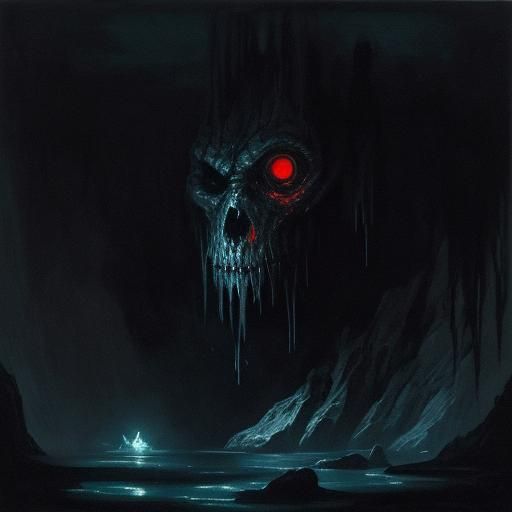 Surreal Caveman Contemplates Reflection in Dark Cave