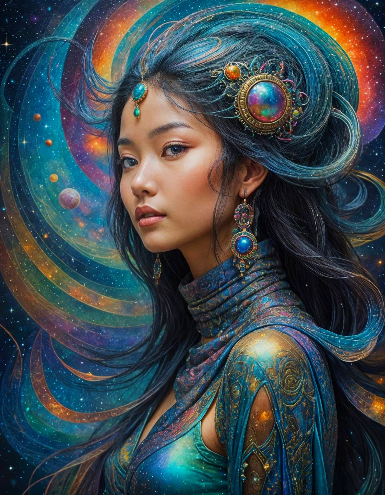 Exotic Asian Goddess in Whimsical Cosmic Dream