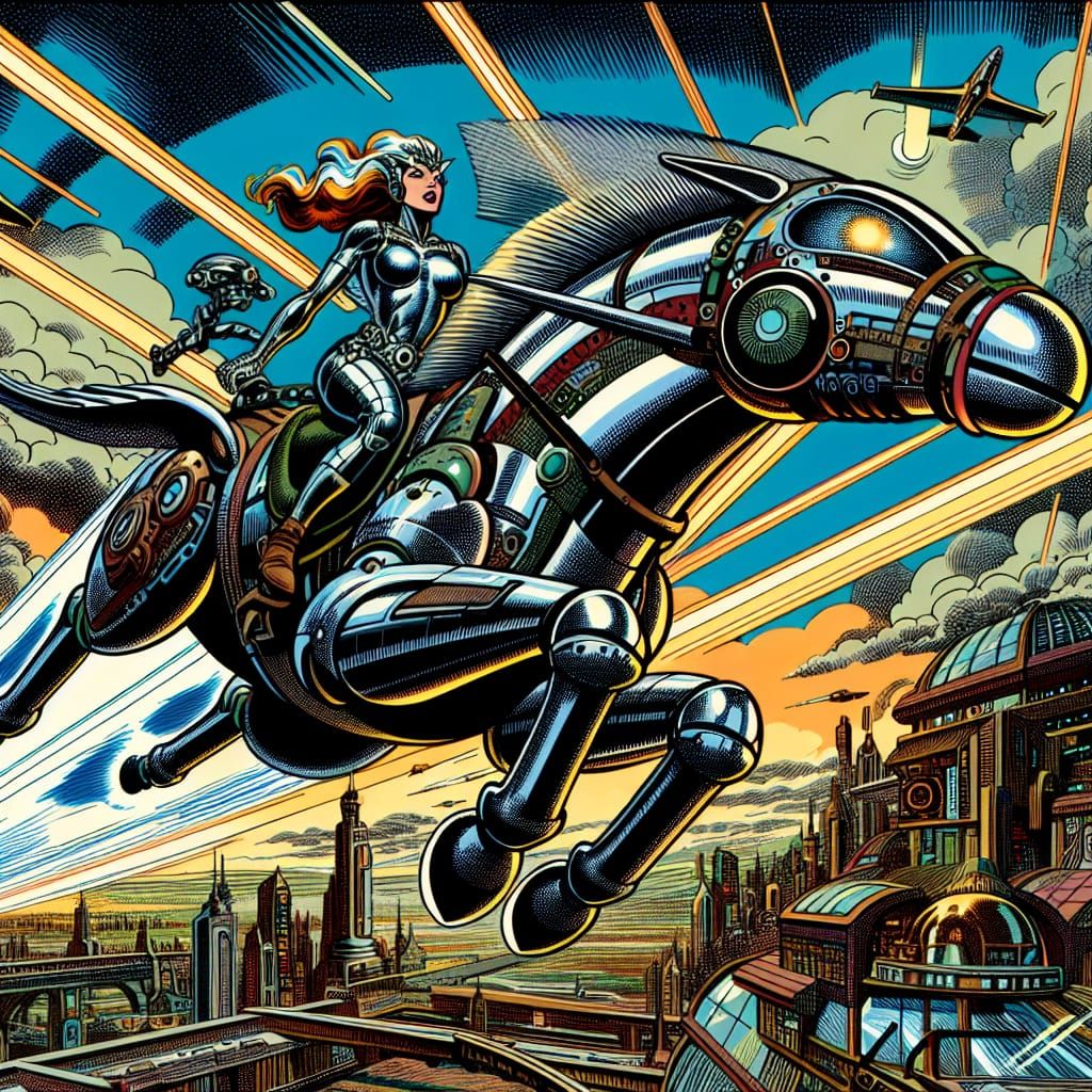 Alien Princess on Robotic Horse in Retro Comic Style