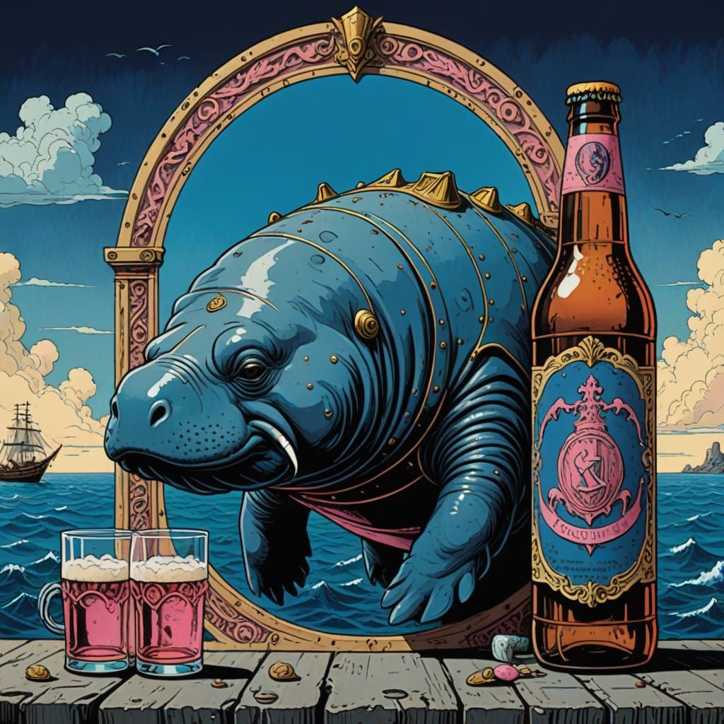 Medieval Heraldic Shield with Whimsical Pink Manatee and Bee...