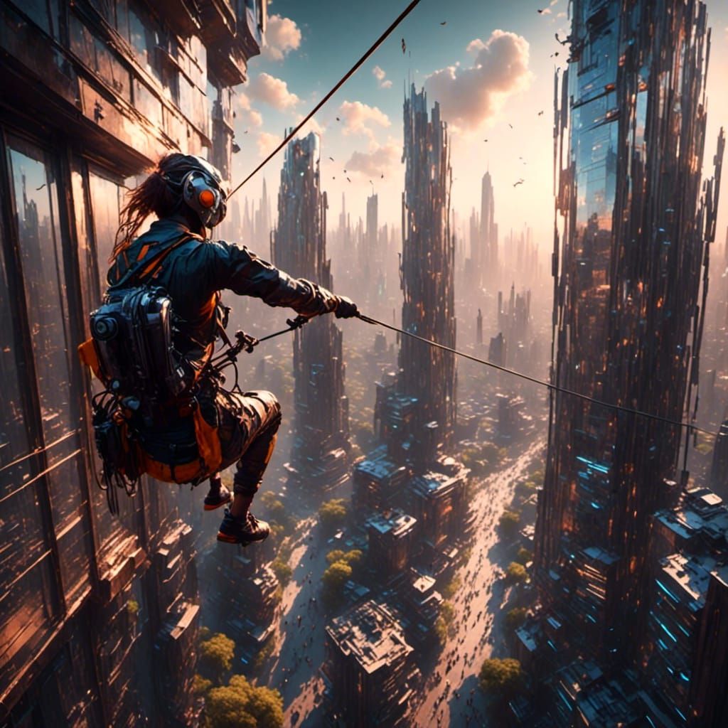 Ziplining Between Skyscrapers with Volumetric Lighting