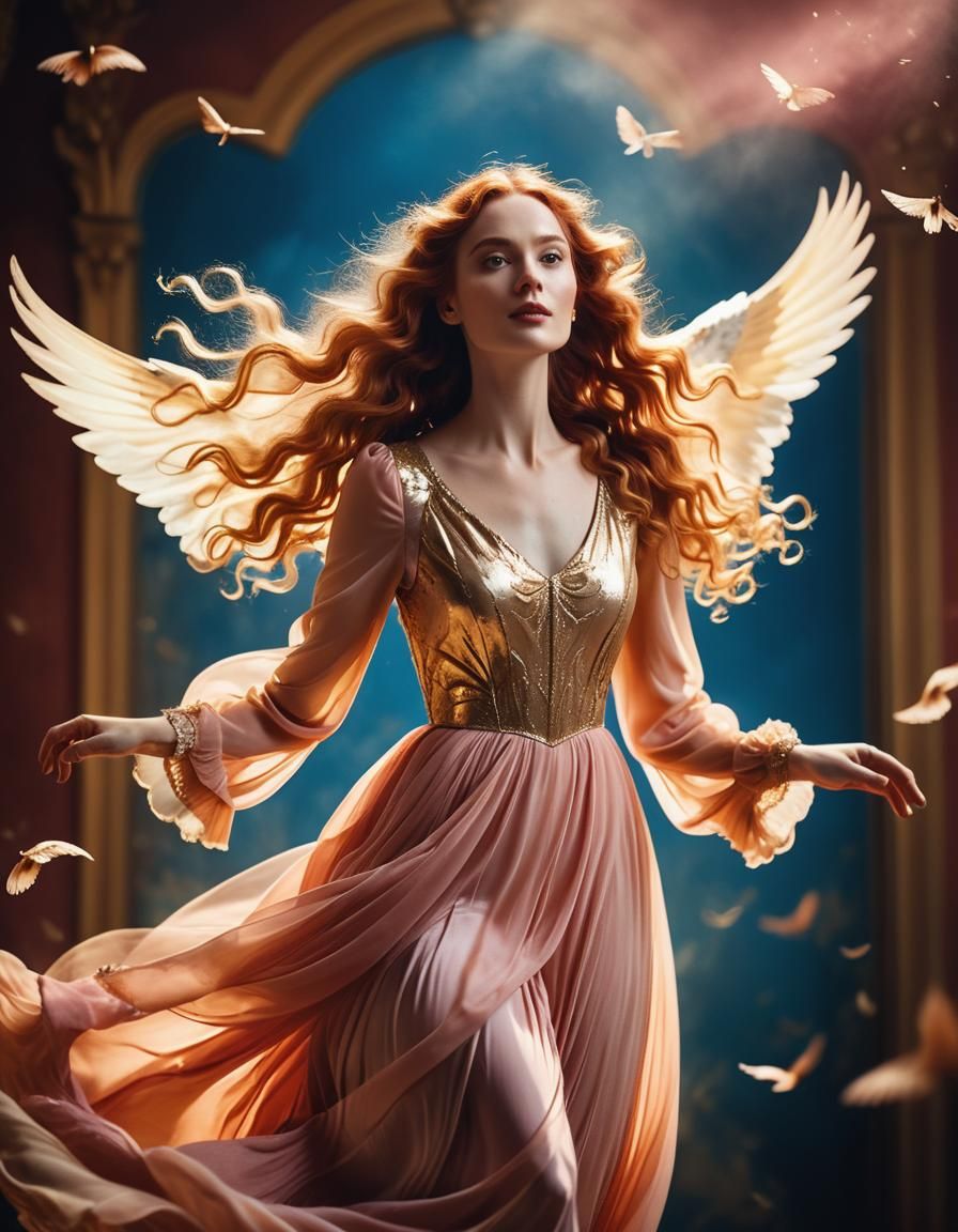 Ethereal Winged Woman in Dreamy Cinematic Style
