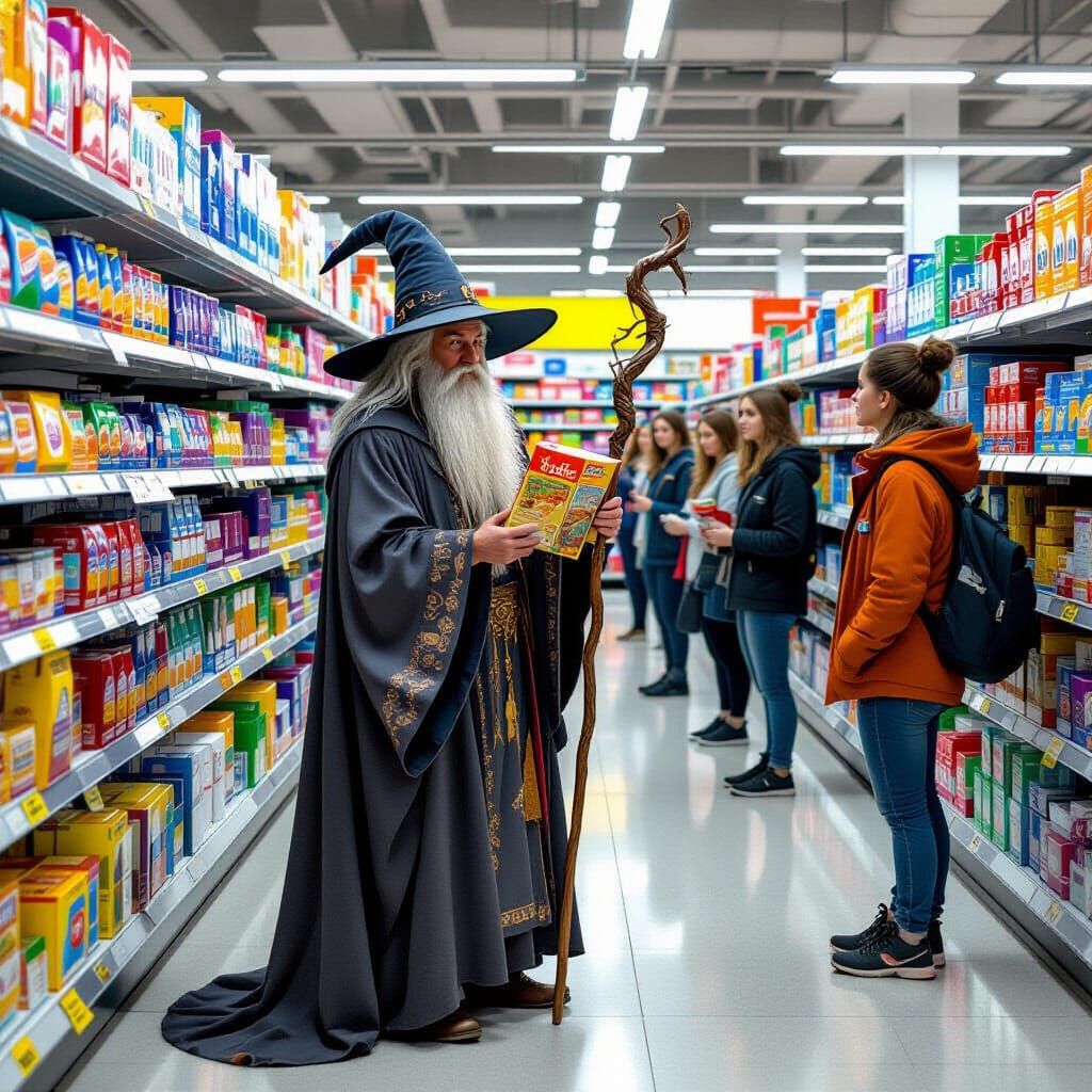 Wizard Confused in Supermarket, Whimsical Art Style