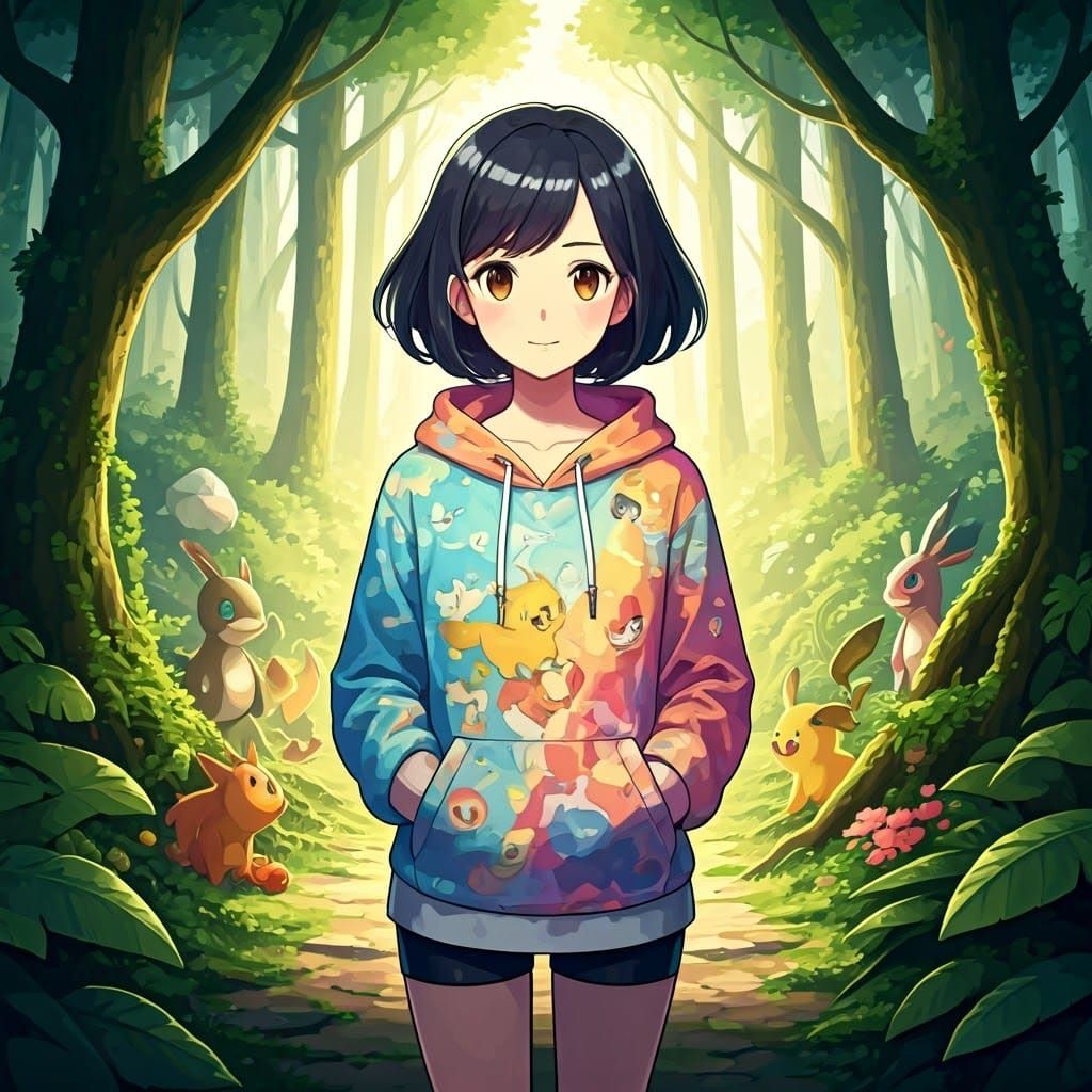 Confident Anime Girl in Vibrant Pokémon Forest