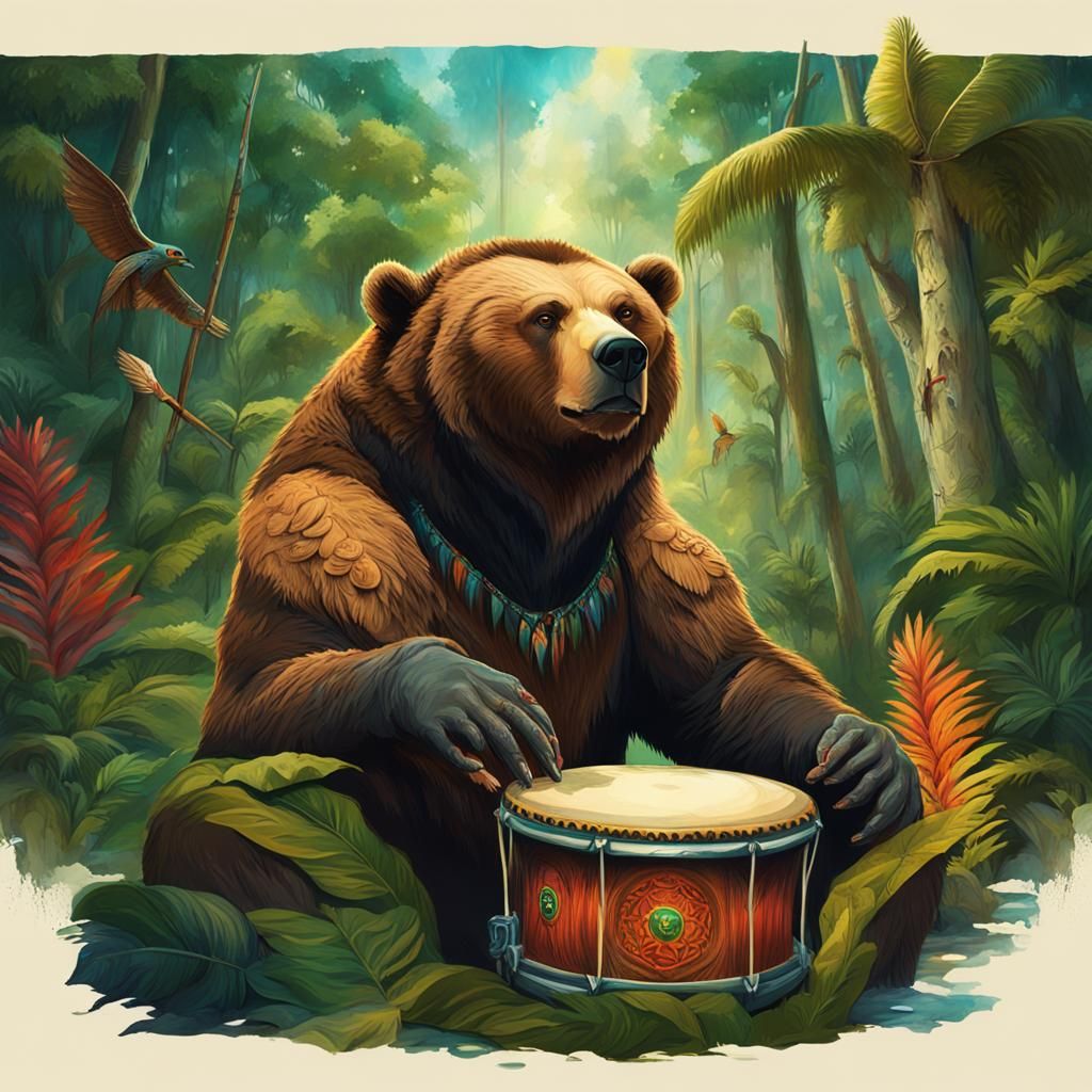 Anthropomorphic Bear-Man Drummer in Amazon Rainforest