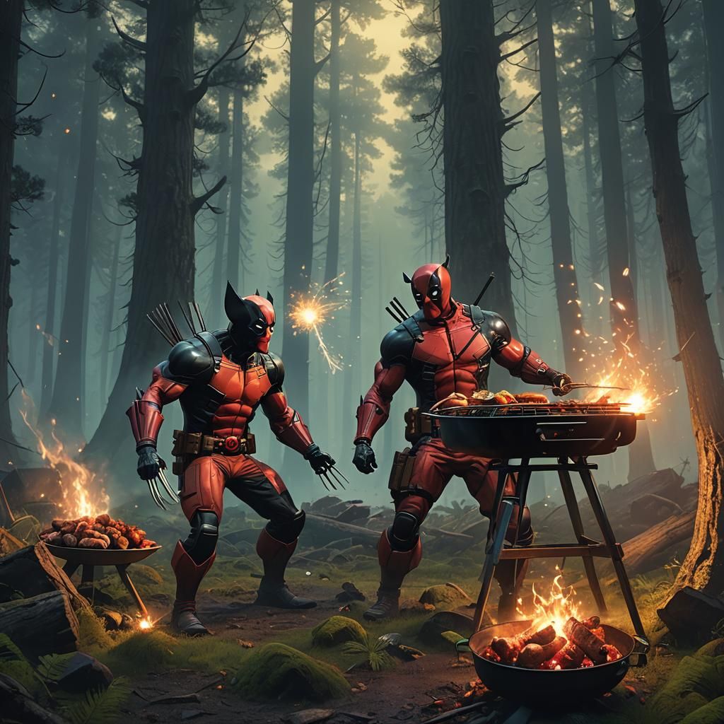 Wolverine and Deadpool BBQ in Mystic Forest