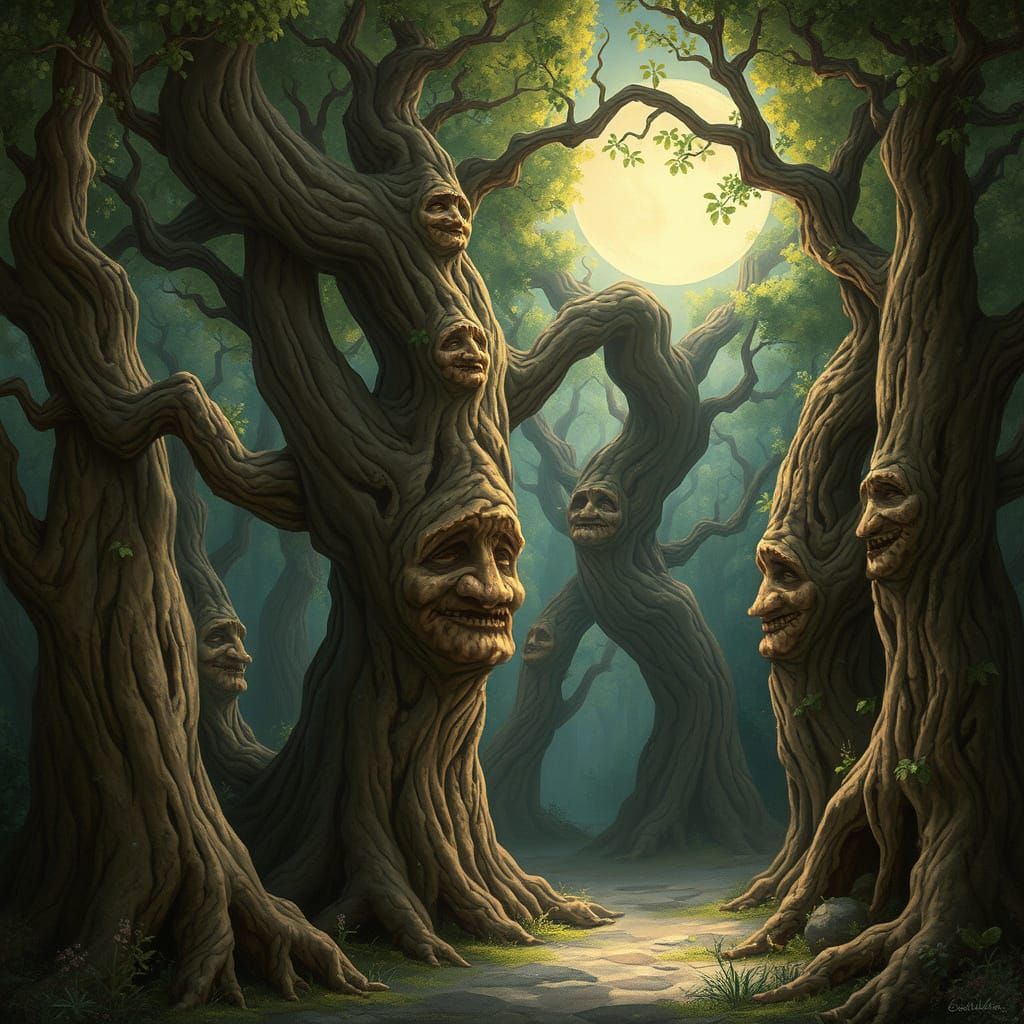 Dreamlike Forest with Trees Bearing Human Faces in the Bark