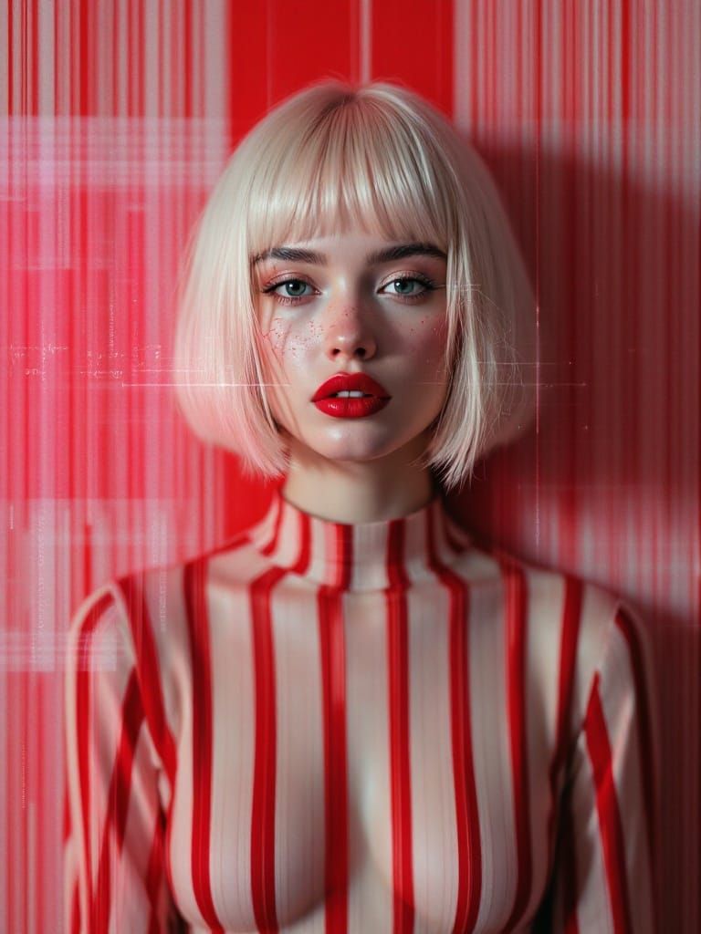 Reality Fractured: A Woman's Serene Gaze Amidst Digital Deca...