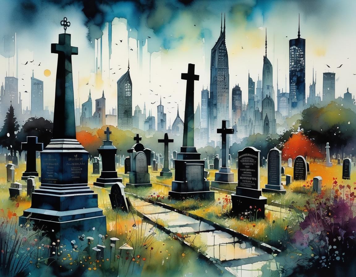 Magical Cemetery with Distant Skyscrapers: Whimsical Illustr...