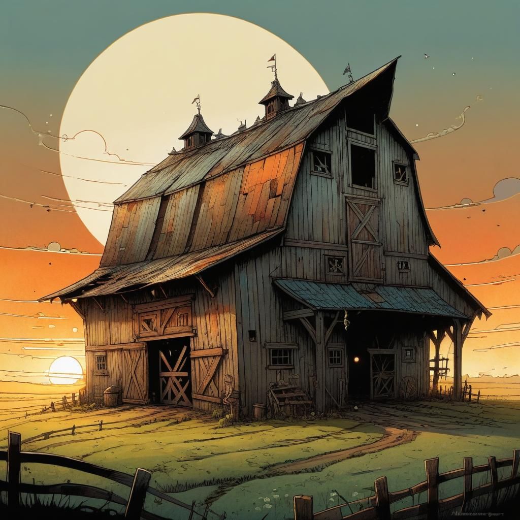 Surreal Sunrise Over Barn Illustration