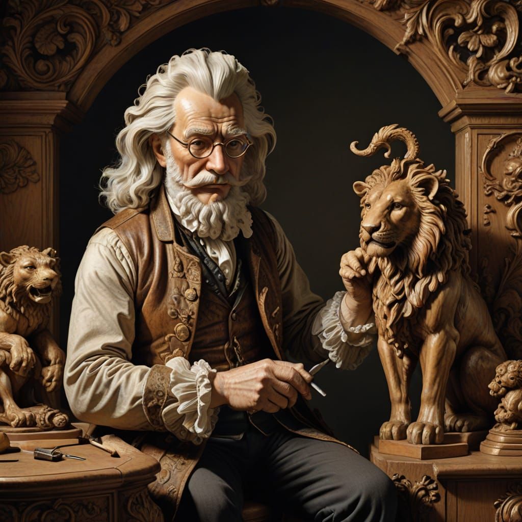 Elderly Master Carver Crafts Majestic Lion's Head in Warm Go...