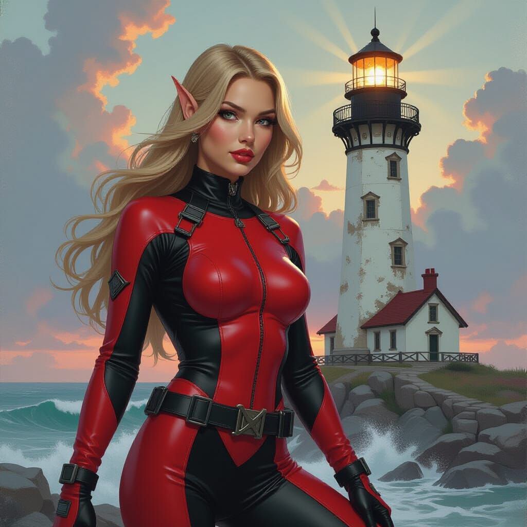 Heroic Elf in Wetsuit, Fantastical Oil Painting