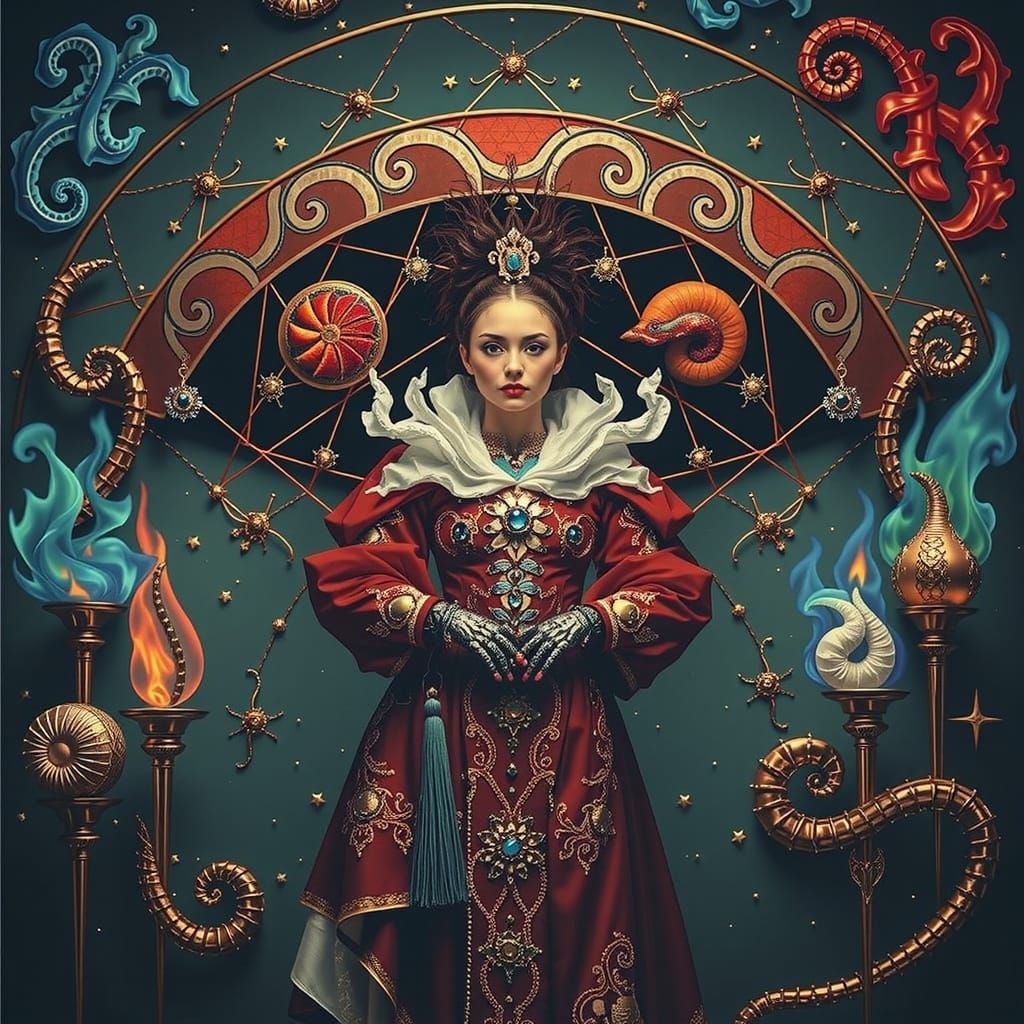 Elegant Figure Amidst Vibrant Geometry in Futuristic Organic...