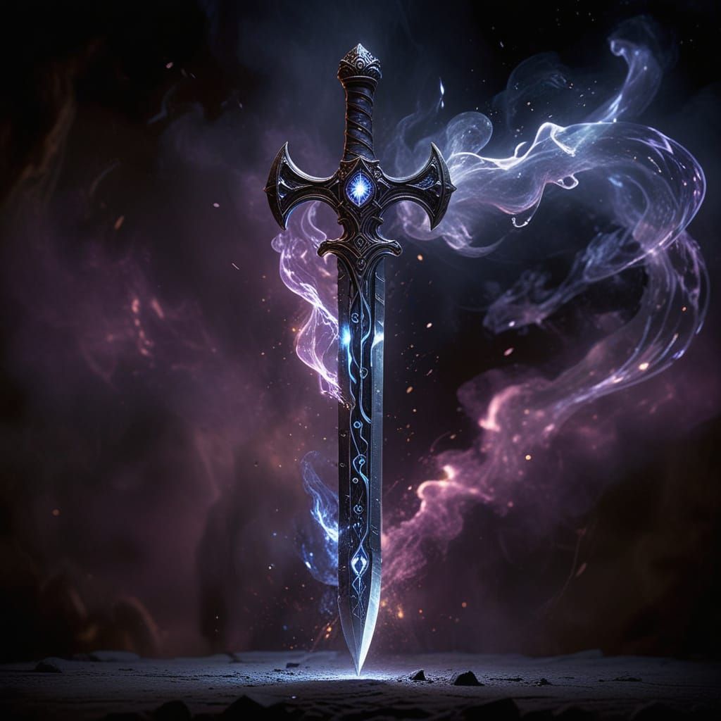Glowing Magical Sword Unfolds from Mystical Smoke