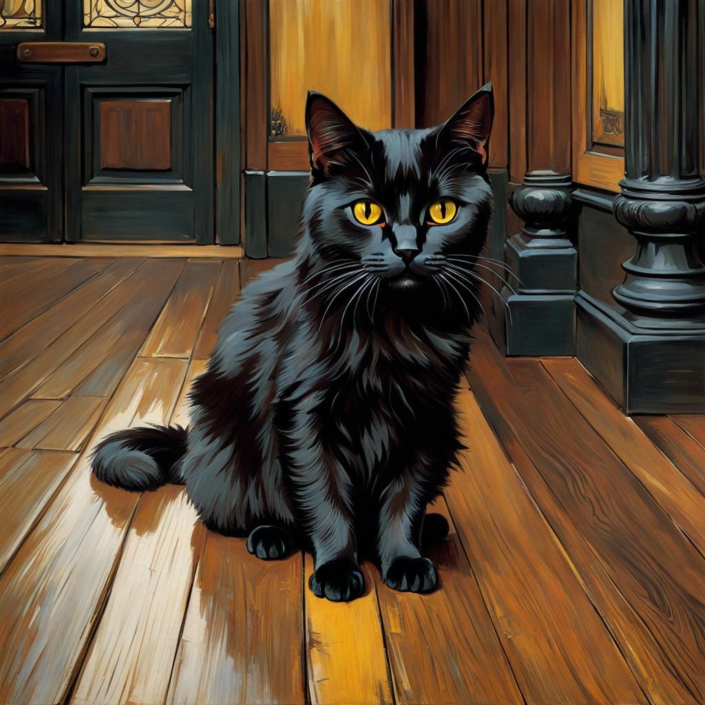 Black Cat with Yellow Eyes in Pre-Raphaelite Style