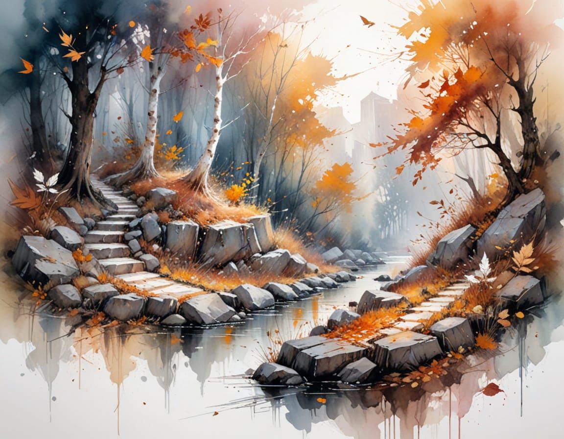 Autumn Forest Path in Expressive Watercolor Style