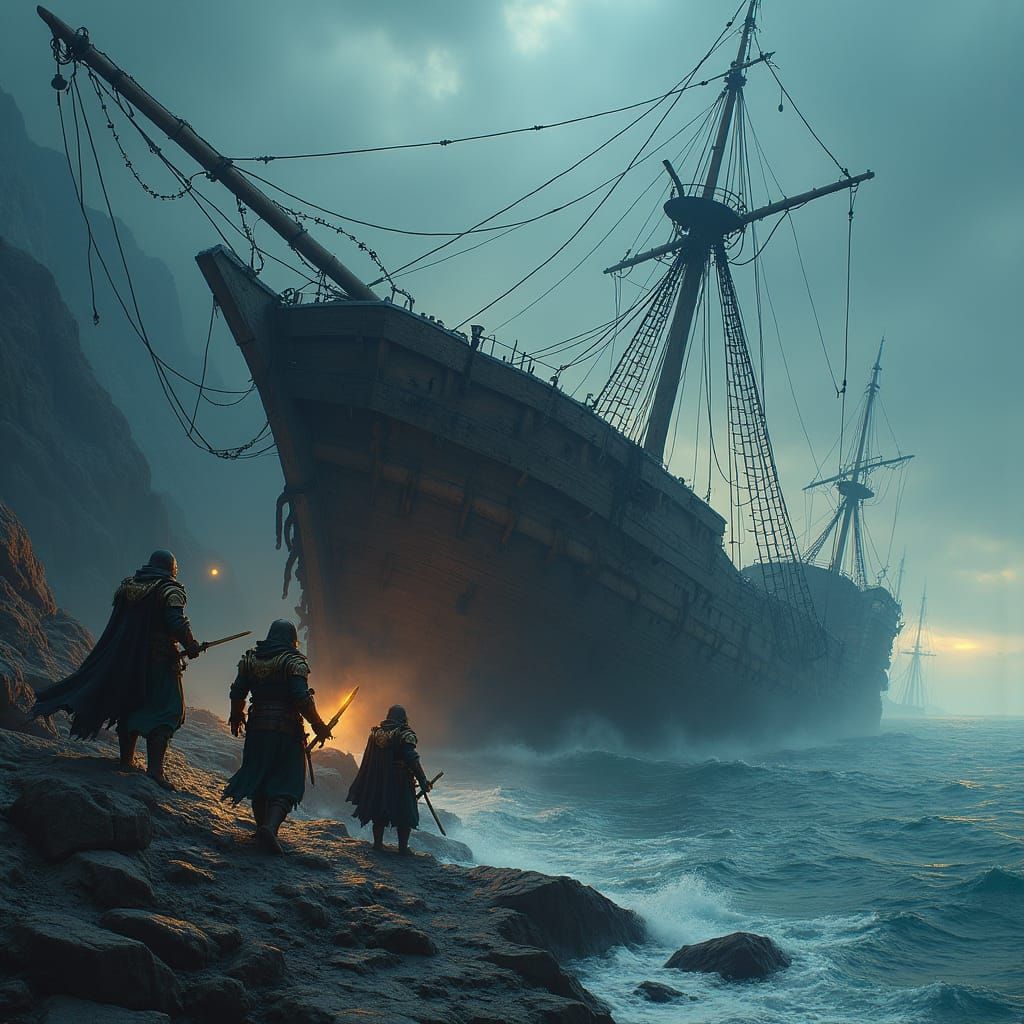 Shipwreck Exploration on Mystical Island at Dusk