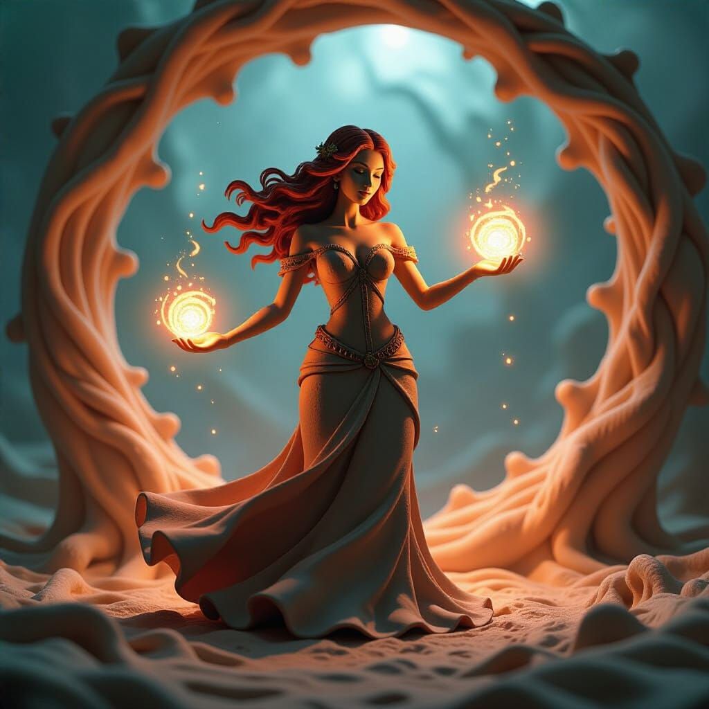 Mystical Clay Sorceress in a Tactile Storm