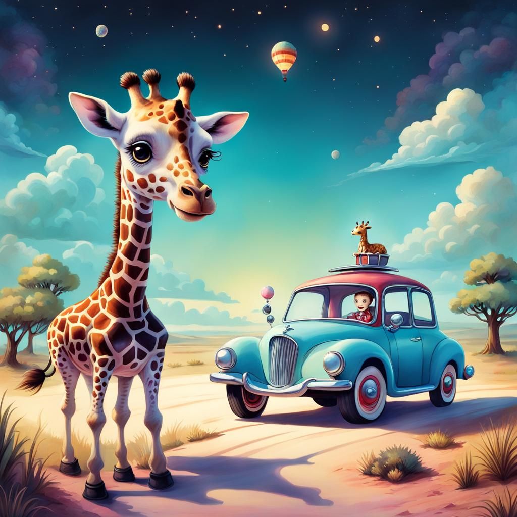 Giraffe's Whimsical Road Trip in Surreal Style